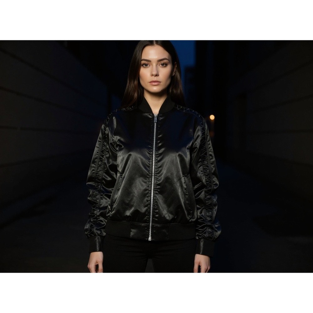 Puma T7 Black satin Bomber Jacket Women Sz m Ruched Sleeve Full Zip activewear